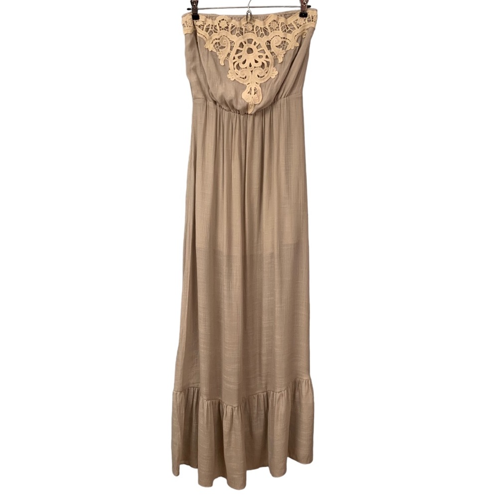 LC Lauren Conrad Maxi Dress Strapless Gauze Embroidery Women’s Size S Taupe Gray - Picture 12 of 16